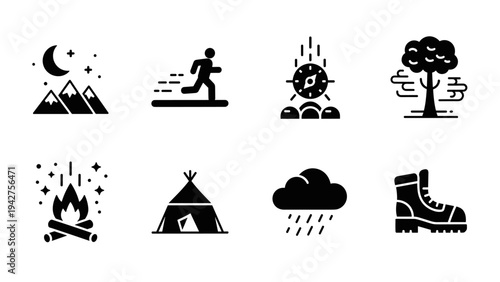 Outdoor adventure icons: camping, hiking, and nature symbols in bold style
