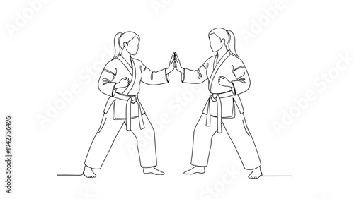 Karate practice: two women in kimono facing off in minimalist style