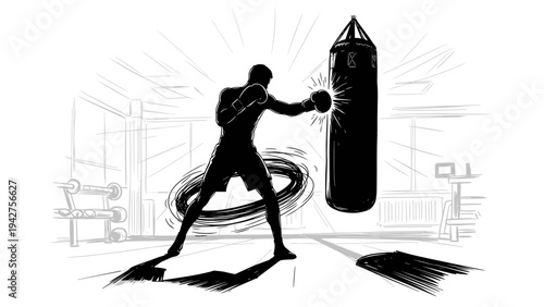Dynamic silhouette of a boxer training with punching bag in gym setting