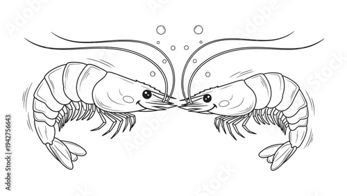 Two Happy Shrimp: A charming illustration of two smiling shrimp facing each other with bubbles rising from the water, conveying a sense of lightheartedness and fun.