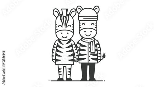 Cute Zebra Couple in Winter Attire: An adorable illustration of two cartoon zebras dressed in winter clothes, holding hands, symbolizing companionship and warmth during the cold season.
