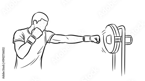 Boxer practicing punching techniques with target pad in linear design