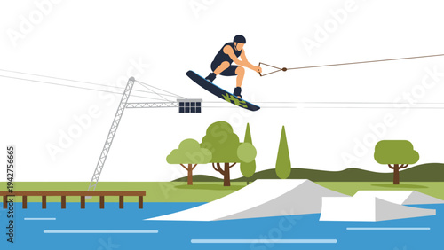 Dynamic wakeboarding adventure on cable park course with ramps and trees