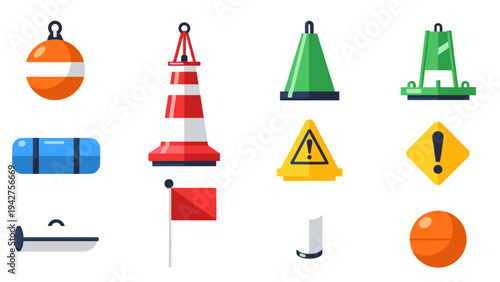 Colorful nautical buoys and warning signs in flat design style