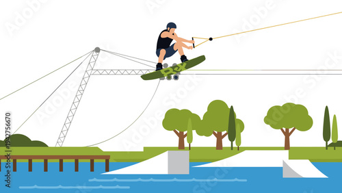 Wakeboarding adventure at cable park: jumping over ramps and water obstacles