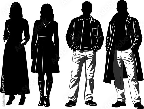 Group of stylish men and women silhouettes in modern trendy casual and formal clothing for fashion retail social lifestyle vector