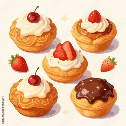 Set of 5 dessert cupcakes with cream, chocolate and fruit toppings vector