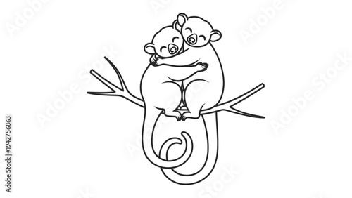 Friendship in the canopy:Two endearing possums share a tender embrace, perched comfortably upon a slender branch, their connection is a symbol of friendship in the vast forest. 