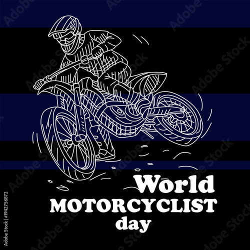 World Motorcyclist Day greeting card with outline rider in motion on bike on turn on a dark background. Flat illustration for extreme sports posters, biker club banners or social media graphics