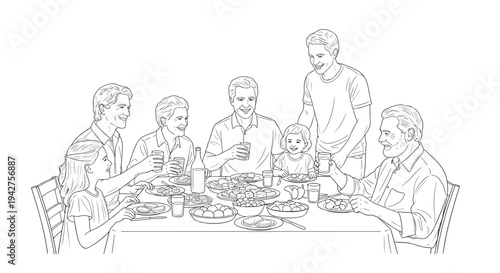 Family enjoying a meal together in line art style