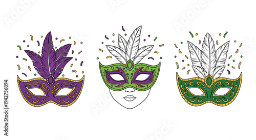 Colorful and festive carnival masks with feathers and confetti