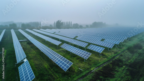 Photovoltaic panel after rain in cloudy day.Aerial view over Solar cells energy farm in countryside landscape