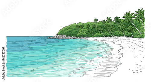 Tropical beach with palm trees and clear ocean in linear art style