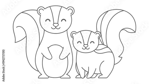 Charming Skunk Duo: A pair of adorable skunks stand side by side, their distinctive striped patterns and fluffy tails displayed in a heartwarming illustration. 