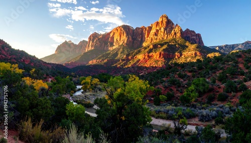 A scenic panorama of a vibrant canyon landscape, bathed in warm sunlight. Rugged peaks tower over a lush valley and flowing water