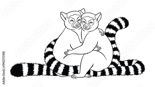 Cuddling Lemurs: A heartwarming illustration of two lemurs embracing in a tender moment of affection, their striped tails intertwined and faces close.