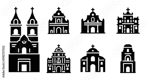 Collection of classic church facades in bold silhouette style
