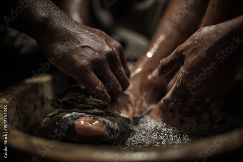 Foot Wash Ceremony on Holy Thursday Last Supper Where Jesus Christ Washes Disciple Feet Teaching Humility