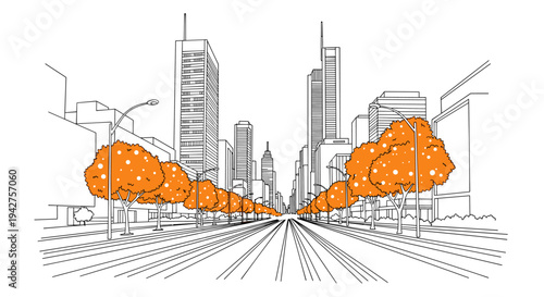 Linear cityscape with autumn trees and skyscrapers in perspective