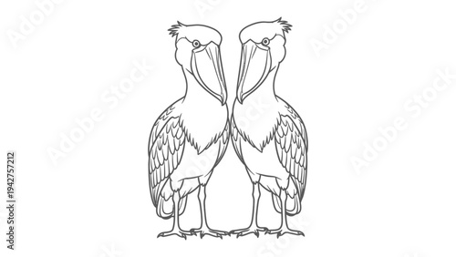 Shoebill Stork Illustration: A pair of shoebill storks, iconic avian figures, stand facing each other, their distinctive shoe-shaped bills poised.