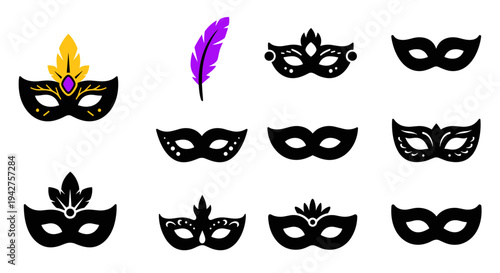 Elegant carnival masks with feather element in black and gold design