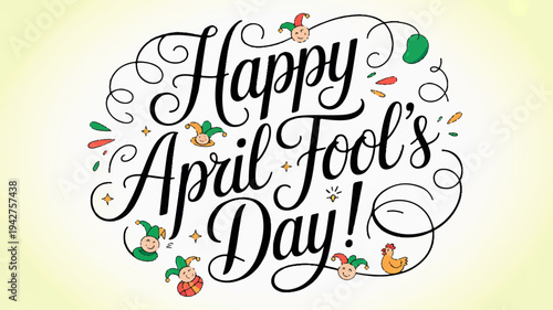Happy april fool's day greeting with colorful illustrations and swirling designs on pale background