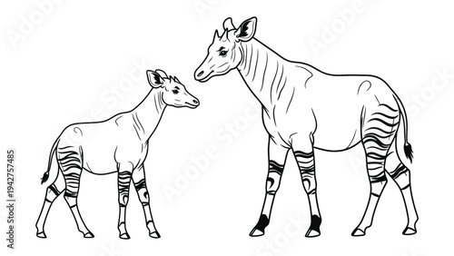 Okapi Family Illustration: A detailed black and white illustration of an okapi and her calf, the image captures a moment of maternal connection.