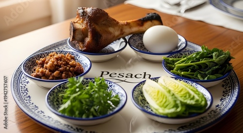 Pesach Seder Plate with Traditional Jewish Food and Pesach Matzah