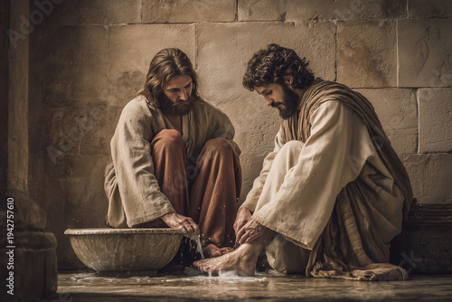 Jesus Christ Washing Feet of Disciple During Holy Thursday Last Supper Act of Humility and Christian Service