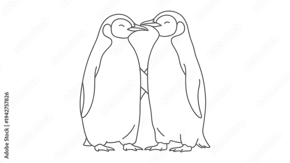 Fototapeta premium Affectionate Penguin Duo: Depicting two penguins sharing a moment of intimacy and connection, this minimalist illustration evokes a sense of tenderness and companionship.