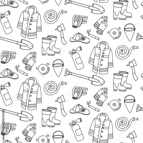 Seamless pattern with outline fire safety icons including firefighter jacket, boots and extinguisher on white. Doodle. Flat background for emergency service posters, rescue fabric print or safety gear