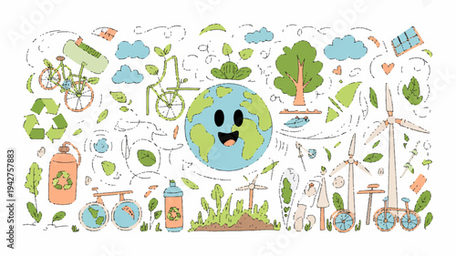 Earth surrounded by eco friendly icons and symbols of sustainable living green technology and environmental conservation