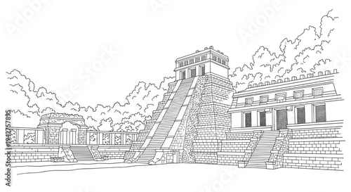 Ancient mayan ruins outline art with pyramid and jungle background