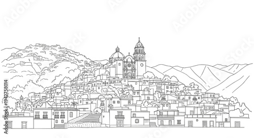 Scenic mountain village with historic church in linear black and white style