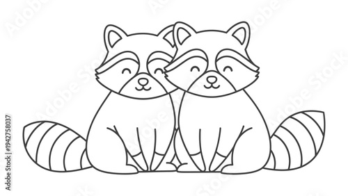 Lovely Raccoons Embrace: A heartwarming illustration of two adorable raccoons, their striped tails and masked faces exuding sweetness and companionship. They sit closely together in a tender embrace.