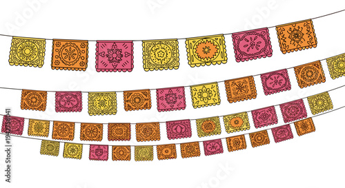 Festive papel picado bunting with traditional decorative mexican patterns on strings