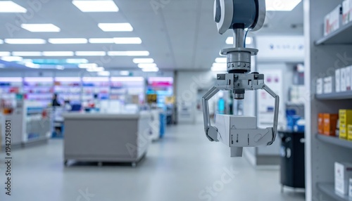 Robotic Pharmacy Warehouse Automation: Robotic picker retrieving medication in drug storage facility
