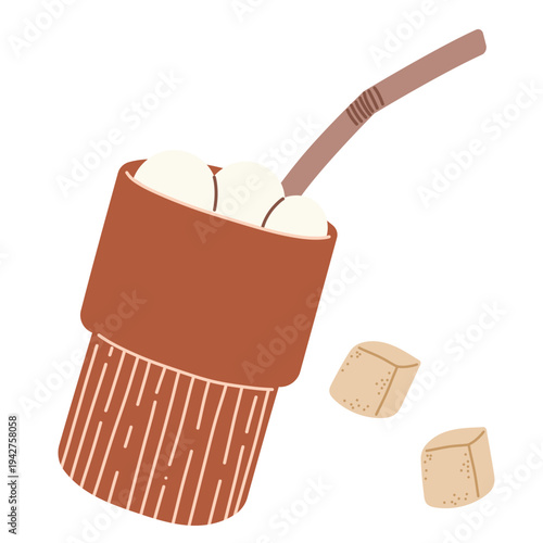 Coffee drink cup with marshmallow and brown sugar. Hand drawn vector  illustration, isolated on white