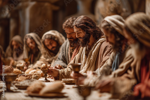 The Last Supper Jesus Christ Surrounded by Apostles Sharing Bread and Wine in Warm Holy Thursday Biblical Scene