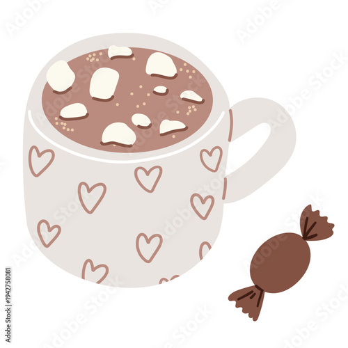 Cute mug with hot chocolate, marshmallow and candy. Hand drawn vector illustrations