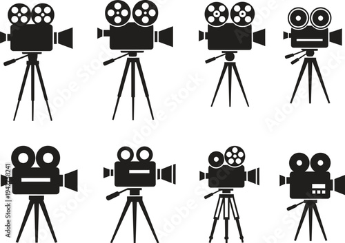 Collection of vintage film camera icons on tripod