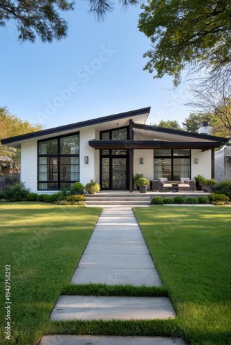 Modern house design showcases clean lines and large windows in a suburban neighborhood during daylight, emphasizing well-kept lawn and inviting entrance