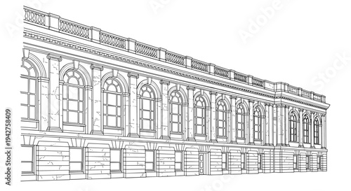 Detailed architectural line art of classical building exterior facade