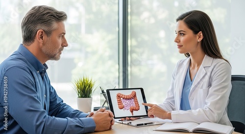 A doctor is explaining a colonoscopy image to a patient. The doctor, a woman, is wearing a white coat and pointing at a digital display showing a detailed view of the colon.