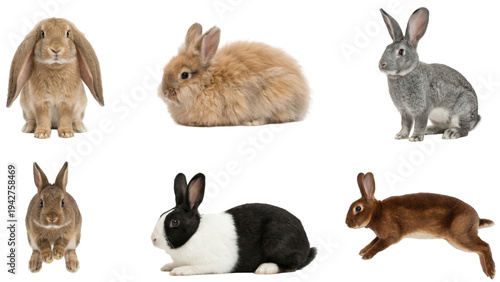 set of various cute mixed rabbits on black background