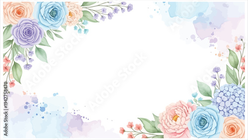 Elegant Watercolor Floral Border with Pastel Hues Featuring Roses and Hydrangeas, Perfect for Spring or Wedding Invitations, Cards, and Digital Designs.