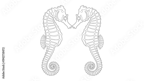 Serene Sea Horse Duo: Two sea horses elegantly facing each other, rendered in intricate detail against a minimalist backdrop, evokes a sense of aquatic harmony and serenity.