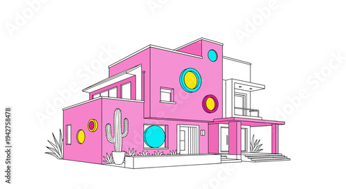 Modern flat style pink house with geometric patterns and cactus landscaping