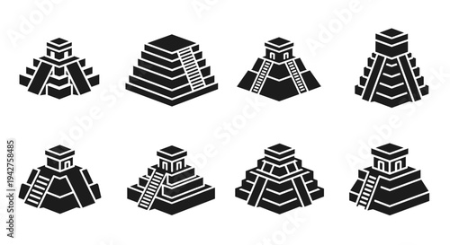 Ancient pyramid icons set: isometric mayan and aztec styles in black silhouette design
