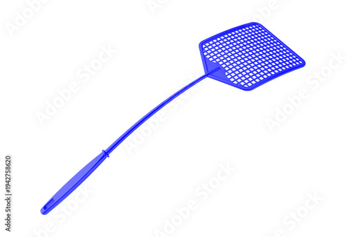 A blue fly swatter with a mesh net head on a long handle isolated on transparent background